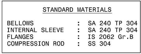 Material chart used for Dismantling bellow joints